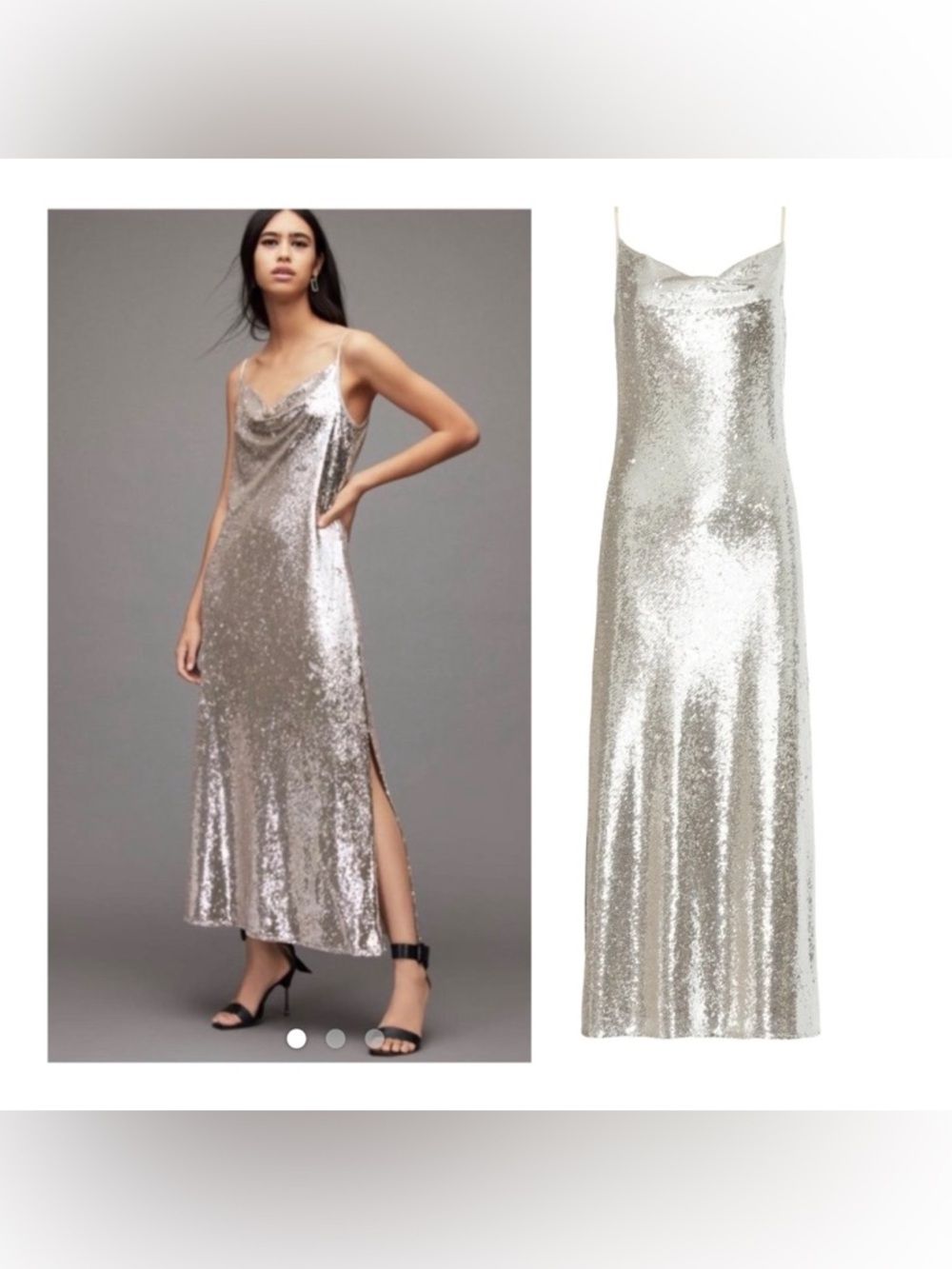 AllSaints Hadley Silver Sequin Maxi Slip Dress with Split
